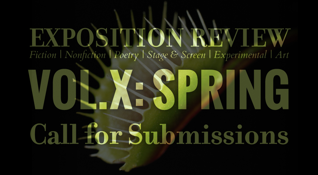 A Venus flytrap. Overlaid text reads: "Exposition Review Vol. X 'Spring' Call for Submissions."