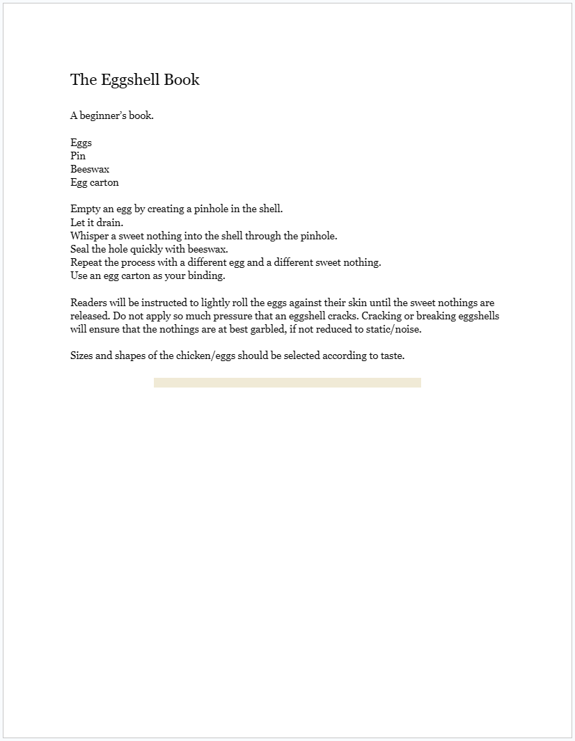 The Eggshell Book, an experimental narrative by Rick Henry. Plain text version can be found at the bottom of the page.