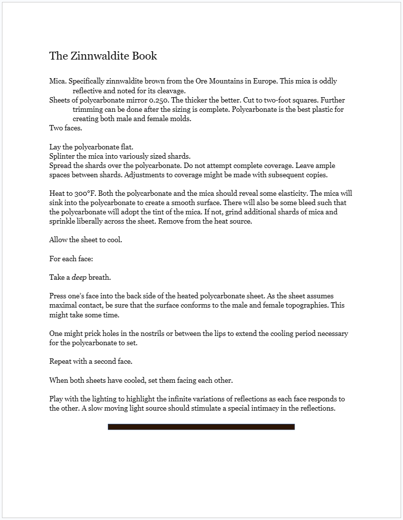 The Zinnwaldite Book, an experimental narrative by Rick Henry. Plain text version can be found at the bottom of the page.