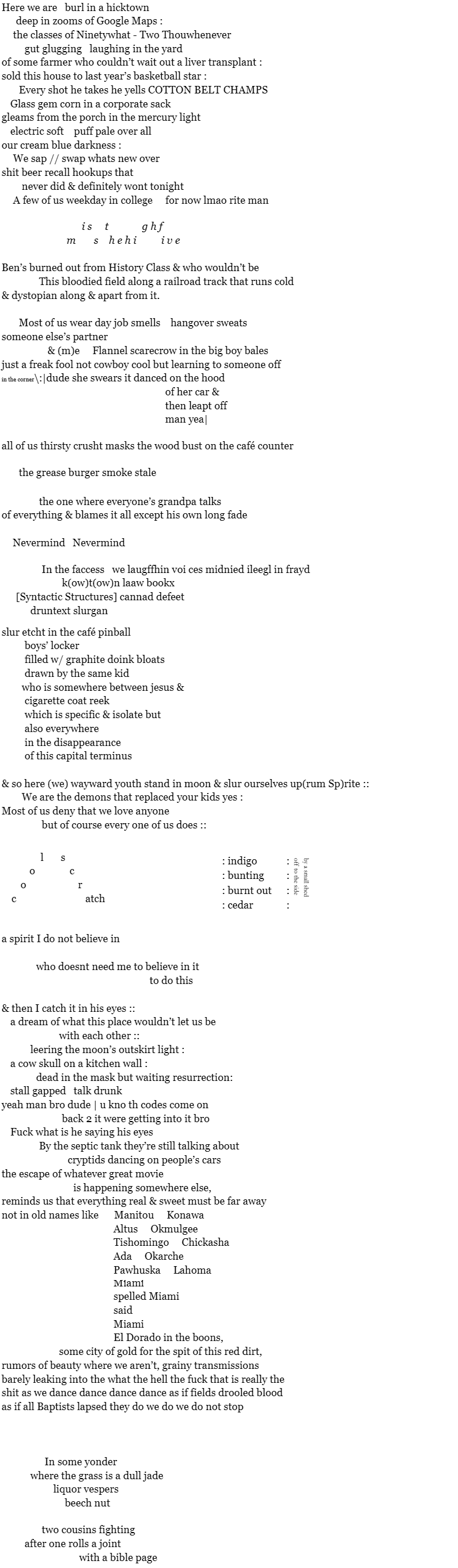The poem Over Yonder by Seth Copeland, formatted.